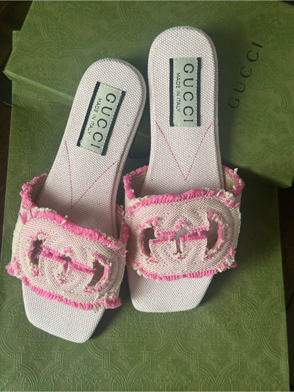 Gucci Pink Frayed Canvas Slide Mules